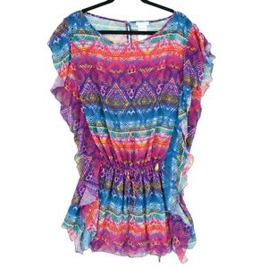 Jessica Simpson XL Multicolor Sheer Ruffle Tunic Swim Cover Drawstring Cinch